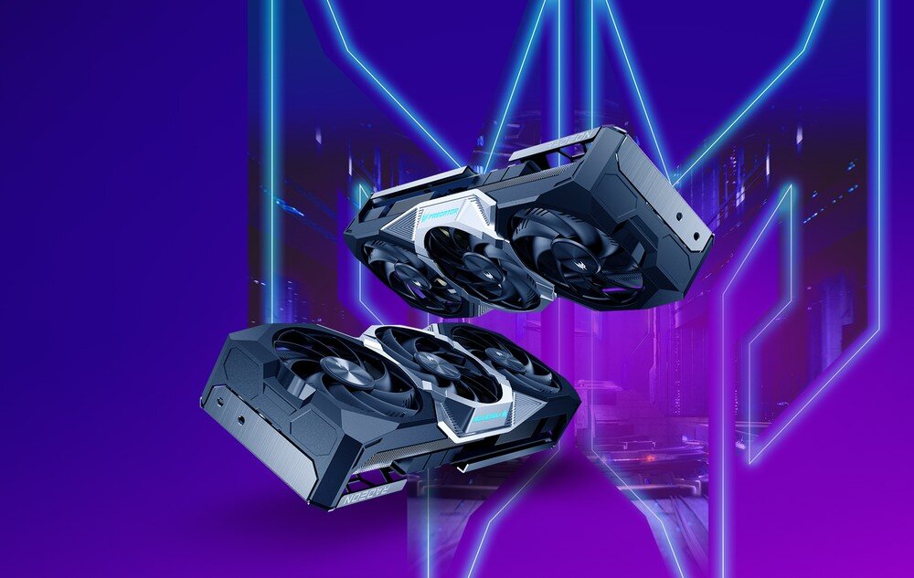 Karta graficzna ACER Predator BiFrost Radeon RX 9070 XT OC 16GB Dwie karty graficzne z trzema wentylatorami każda, unoszące się na tle futurystycznej, fioletowo-niebieskiej grafiki z neonowymi liniami, opis