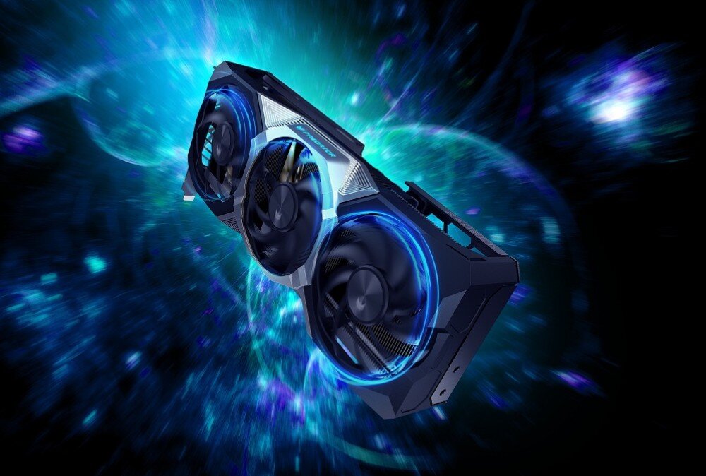 Karta graficzna ACER Predator BiFrost Radeon RX 9070 XT OC 16GB Pojedyncza karta graficzna z trzema podświetlonymi na niebiesko wentylatorami, zawieszona w przestrzeni z dynamicznym, niebiesko-fioletowym tłem przypominającym wir energii, chłodzenie, wentylatory, temperatura