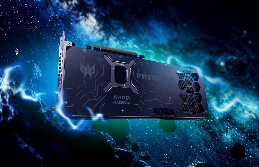 Karta graficzna ACER Predator BiFrost Radeon RX 9070 XT OC 16GB Tył karty graficznej z aluminiową płytą ochronną i logotypami producenta na tle przestrzeni kosmicznej z błyskami i planetami, płyta tylna, konstrukcja, kondensatory