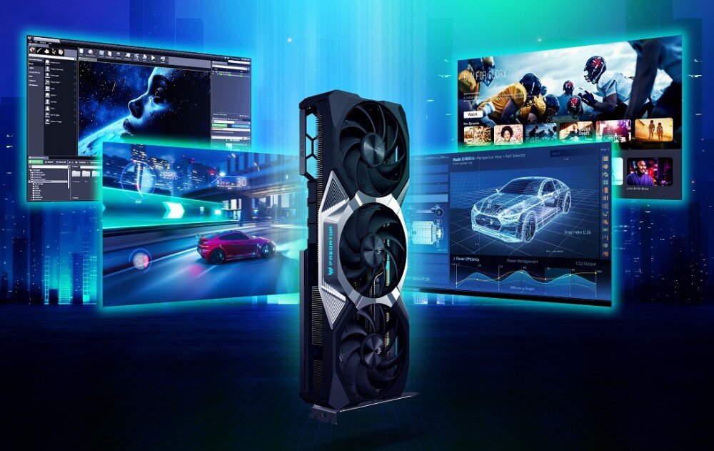Karta graficzna ACER Predator BiFrost Radeon RX 9070 XT OC 16GB Karta graficzna ustawiona pionowo na tle cyfrowego miasta, otoczona czterema ekranami prezentującymi gry, projektowanie 3D, streaming i edycję wideo, wyjścia, podłączenie, pamięć