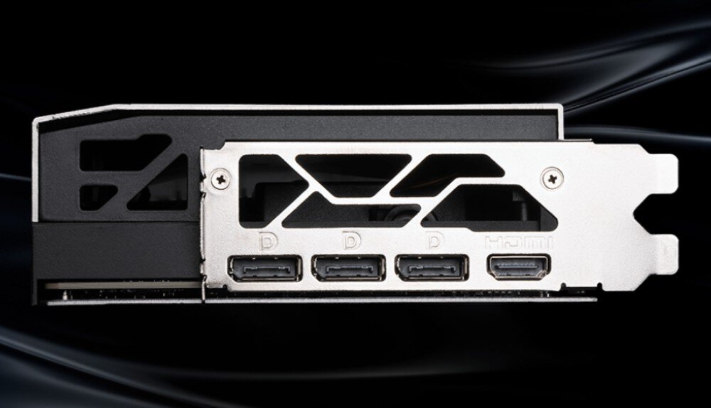 Karta graficzna MSI GeForce RTX 5080 Suprim Liquid SOC 16GB Panel wyjść wideo karty graficznej MSI GeForce RTX 5080 Suprim Liquid SOC. Widoczne trzy porty DisplayPort oraz jedno złącze HDMI