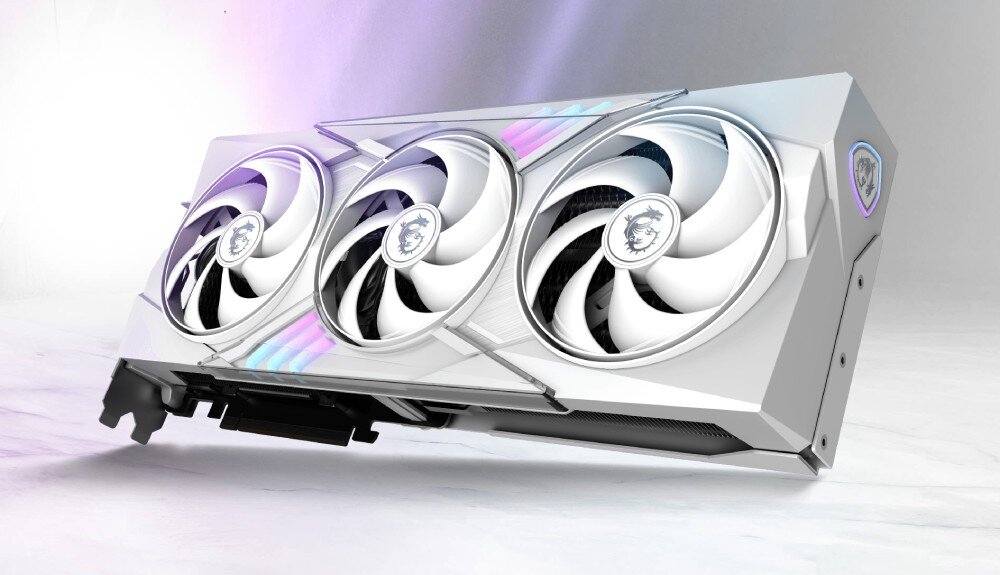 Karta graficzna MSI GeForce RTX 5080 Gaming Trio OC White 16GB na jasnym tle z efektownym podświetleniem LED opis