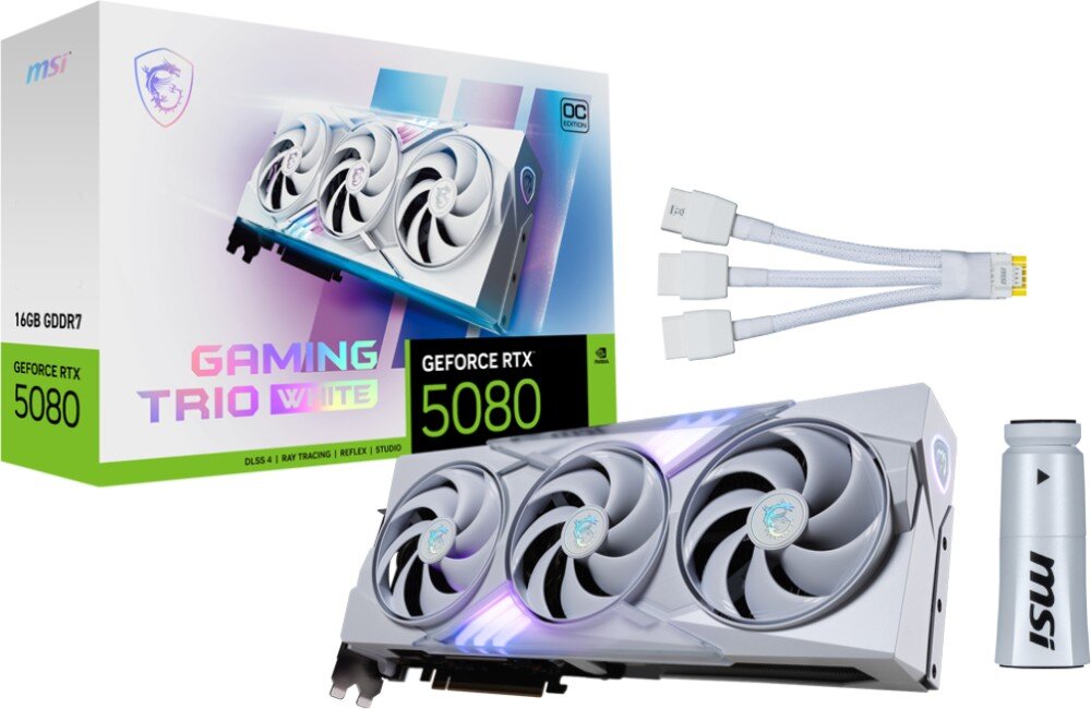 Karta graficzna MSI GeForce RTX 5080 Gaming Trio OC White 16GB Zestaw – pudełko, karta graficzna, kabel zasilający oraz podpórka stabilizująca do montażu w obudowie