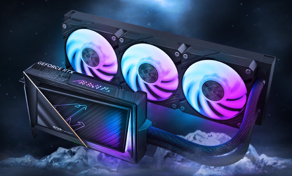 Karta graficzna GIGABYTE Aorus GeForce RTX 5080 Xtreme WaterForce 16GB Karta graficzna z chłodzeniem wodnym – radiator z trzema wentylatorami RGB, elastyczne przewody cieczy i wyświetlacz OLED, na tle lodowej scenerii