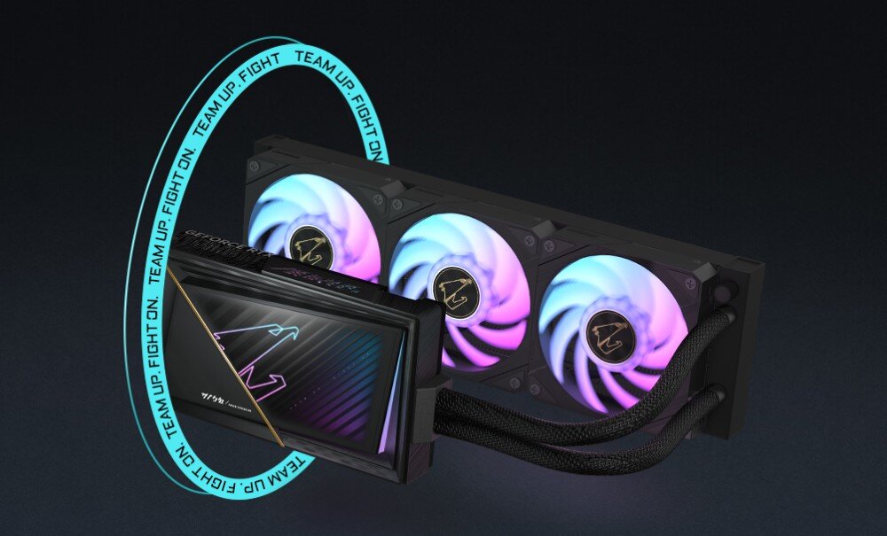 Karta graficzna GIGABYTE Aorus GeForce RTX 5080 Xtreme WaterForce 16GB systemem chłodzenia AiO - trzy wentylatory RGB, otoczone napisem Team Up. Fight On.