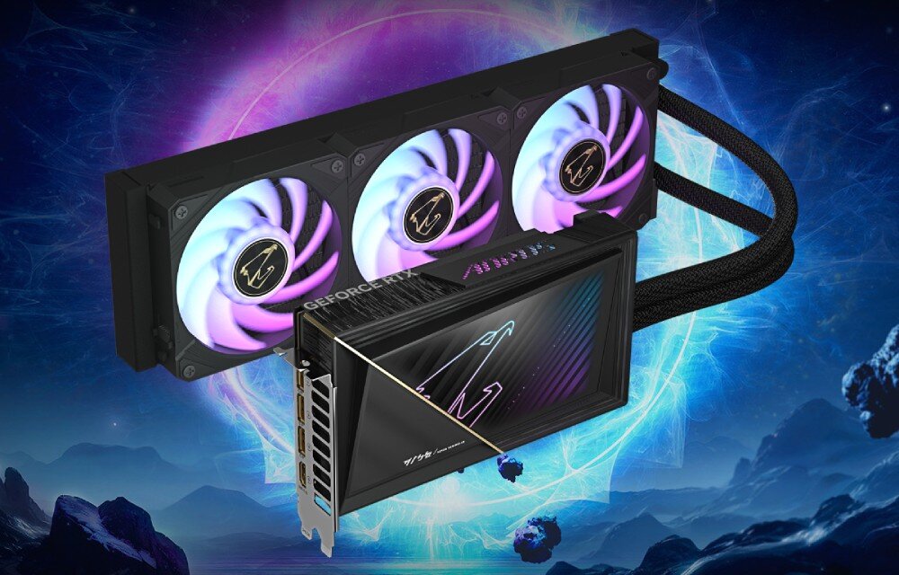 Karta graficzna GIGABYTE Aorus GeForce RTX 5080 Xtreme WaterForce 16GB Karta graficzna AORUS z systemem chłodzenia wodnego, podświetlonymi wentylatorami i przewodami chłodzenia cieczą na tle futurystycznego, niebiesko-fioletowego wiru