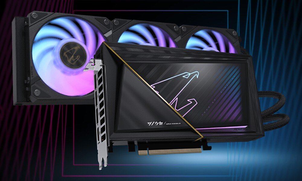 Karta graficzna GIGABYTE Aorus GeForce RTX 5080 Xtreme WaterForce 16GB Zbliżenie na kartę graficzną AORUS RTX z ekranem LCD i chłodzeniem wodnym, prezentowane na dynamicznym tle z neonowymi liniami