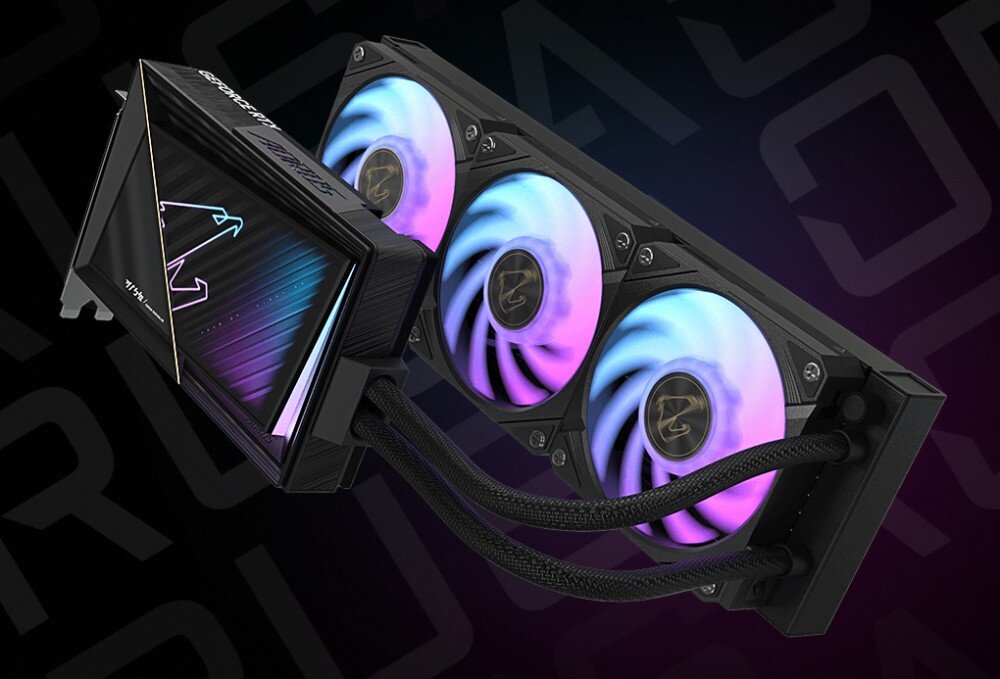 Karta graficzna GIGABYTE Aorus GeForce RTX 5080 Xtreme WaterForce 16GB Karta graficzna AORUS RTX z chłodzeniem wodnym w ujęciu pod kątem, prezentująca ekran LCD oraz podświetlane wentylatory RGB