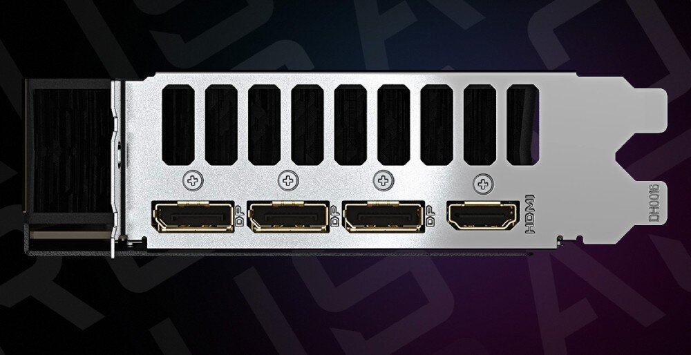 Karta graficzna GIGABYTE Aorus GeForce RTX 5080 Xtreme WaterForce 16GB Panel wyjść wideo karty graficznej AORUS RTX, z czterema portami – trzema DisplayPort i jednym HDMI