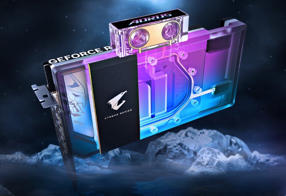 Karta graficzna GIGABYTE Aorus GeForce RTX 5080 Xtreme WaterForce WB 16GB Renderowana grafika karty graficznej Gigabyte Aorus GeForce RTX 5080 Xtreme WaterForce WB 16GB z transparentnym blokiem chłodzenia wodnego. Kolory RGB odbijają się od metalowych elementów, a w tle widoczna jest lodowa sceneria