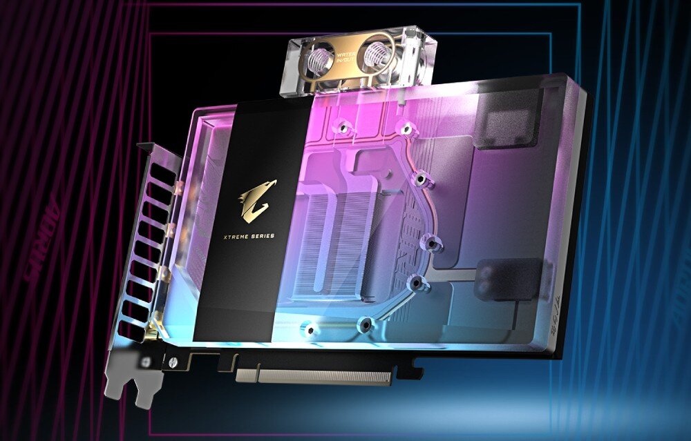 Karta graficzna GIGABYTE Aorus GeForce RTX 5080 Xtreme WaterForce WB 16GB Zbliżenie na konstrukcję karty, gdzie widoczne są kanały przepływu cieczy wewnątrz bloku wodnego. Refleksy świetlne podkreślają przezroczystość obudowy