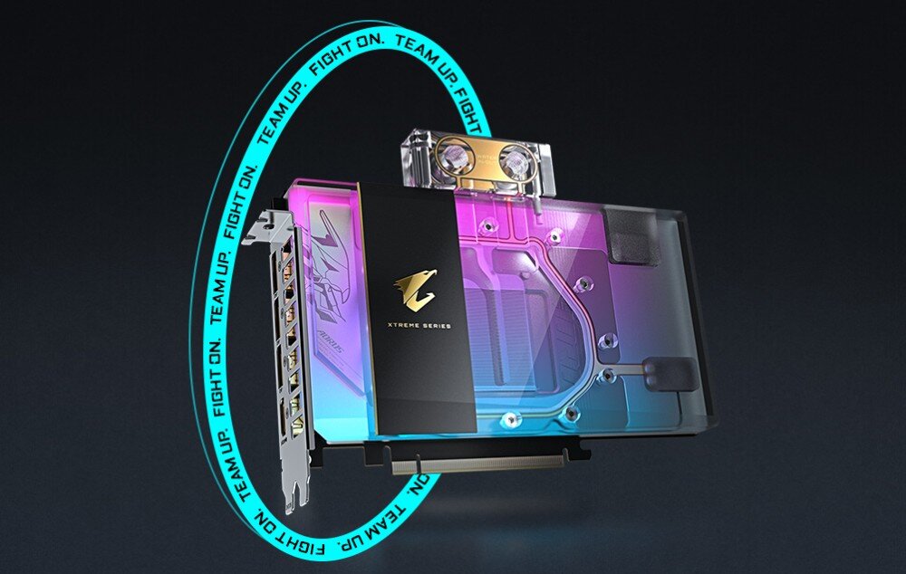 Karta graficzna GIGABYTE Aorus GeForce RTX 5080 Xtreme WaterForce WB 16GB Widok z boku na porty wyjściowe karty graficznej. W tle dynamiczne efekty graficzne, a obudowa emanuje wielokolorowym podświetleniem RGB