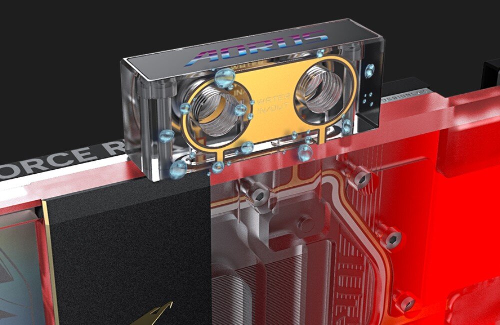 Karta graficzna GIGABYTE Aorus GeForce RTX 5080 Xtreme WaterForce WB 16GB Powiększony fragment złącza zasilania, podświetlonego sygnalizacją LED, która ostrzega o problemach z napięciem. Widoczne subtelne detale PCB