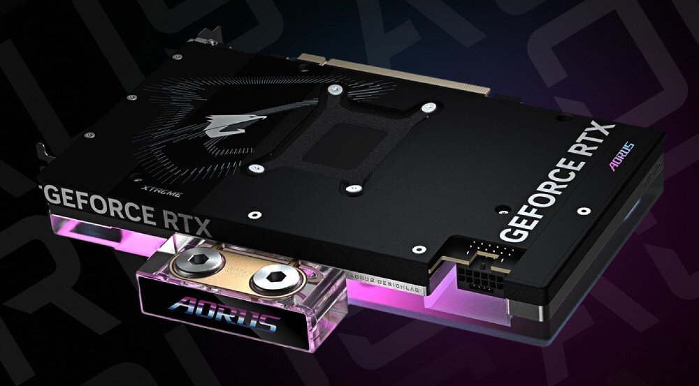 Karta graficzna GIGABYTE Aorus GeForce RTX 5080 Xtreme WaterForce WB 16GB Karta w pozycji leżącej, z wyraźnie widocznymi portami wyjściowymi, przezroczystym blokiem wodnym i efektem świetlnym RGB