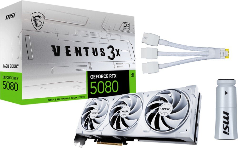 Karta graficzna MSI GeForce RTX 5080 Ventus 3X OC White 16GB Zestaw sprzedażowy karty MSI GeForce RTX 5080 Ventus 3X OC White, zawierający kartę graficzną, przewód zasilający, wspornik do montażu oraz pudełko z logo MSI