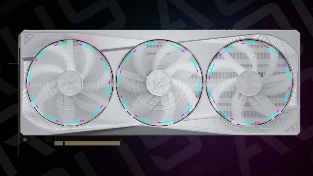 Karta graficzna GIGABYTE Aorus GeForce RTX 5080 Master Ice 16GB Widok karty graficznej od frontu, prezentujący trzy podświetlane wentylatory i elegancki design