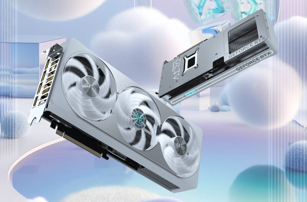 Karta graficzna GIGABYTE GeForce RTX 5080 Aero OC SFF 16GB w srebrnej obudowie, z trzema wentylatorami i stylowym backplate, zawieszona na futurystycznym tle z lodowymi strukturami