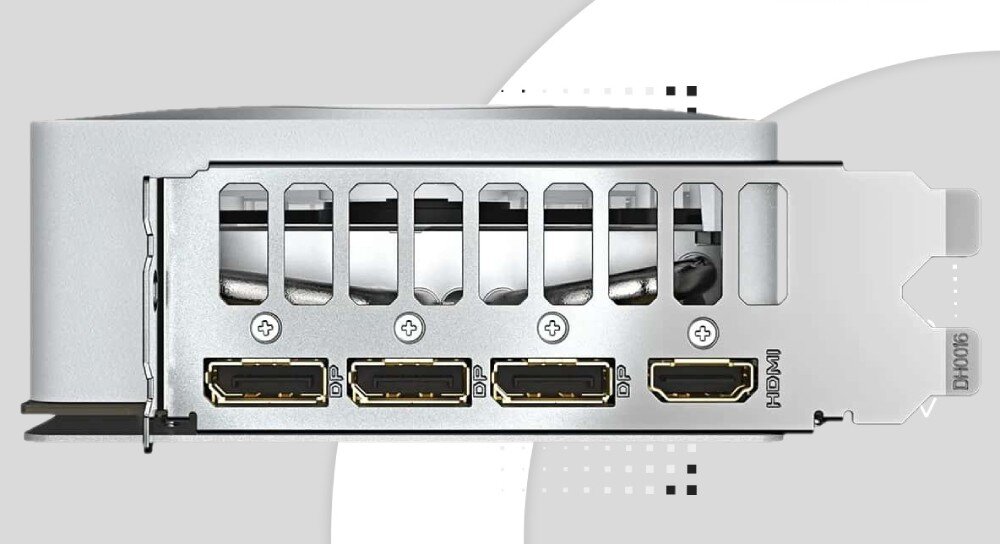 Karta graficzna GIGABYTE GeForce RTX 5080 Aero OC SFF 16GB Panel wyjść wideo karty Gigabyte AERO GeForce RTX, zawierający trzy porty DisplayPort i jedno złącze HDMI, umieszczone na metalowej osłonie