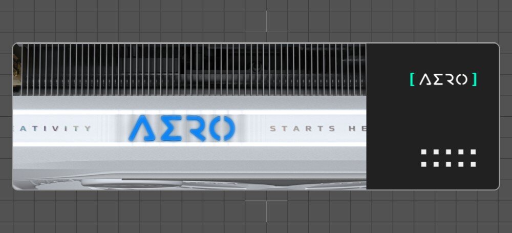 Karta graficzna GIGABYTE GeForce RTX 5080 Aero OC SFF 16GB Boczny panel karty graficznej Gigabyte AERO z podświetlanym logiem, otoczony kratką chłodzenia
