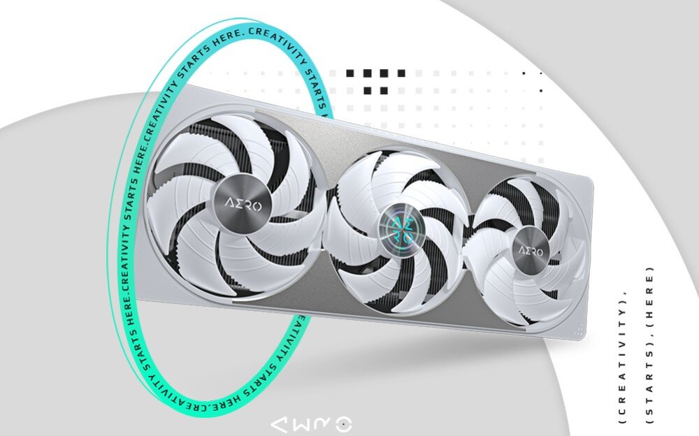 Karta graficzna GIGABYTE GeForce RTX 5080 Aero OC SFF 16GB Grafika przedstawiająca kartę Gigabyte AERO GeForce RTX z obręczą tekstową Creativity starts here