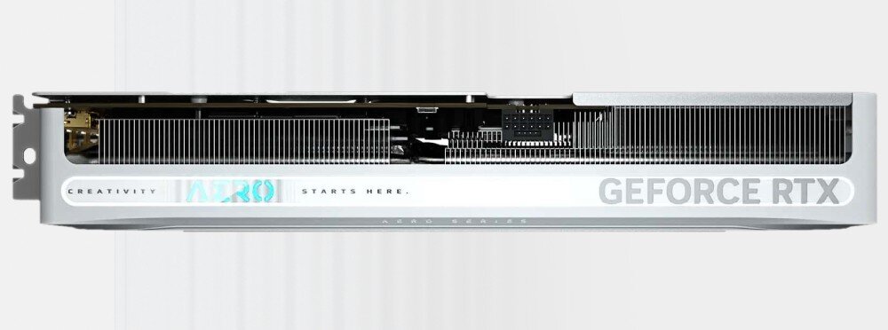 Karta graficzna GIGABYTE GeForce RTX 5080 Aero OC SFF 16GB Widok boczny karty Gigabyte AERO GeForce RTX z dużym radiatorem i podświetlanym napisem