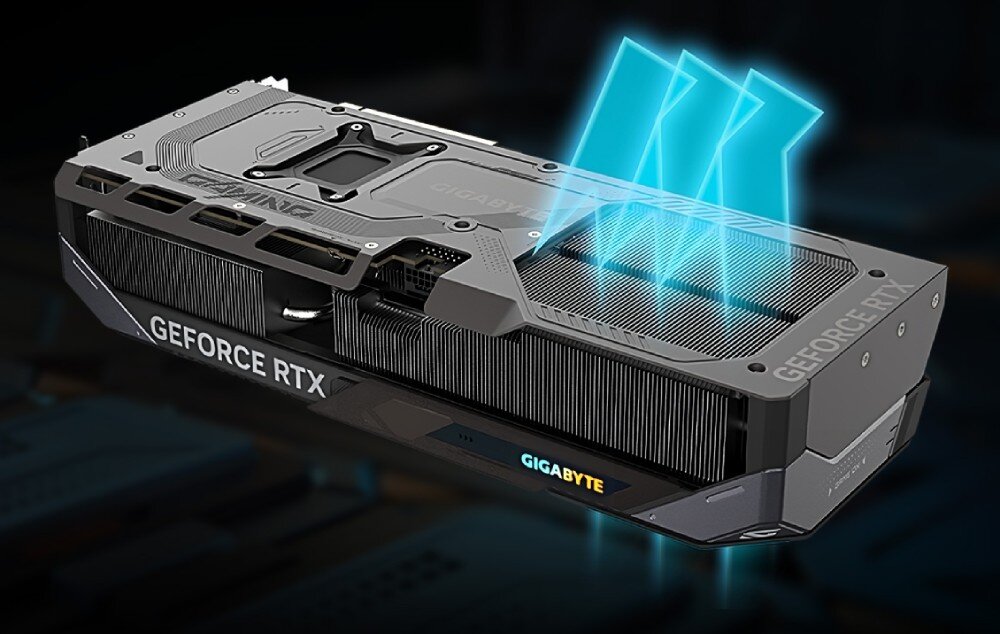 Karta graficzna GIGABYTE GeForce RTX 5080 Gaming OC 16GB Widok tyłu karty z podświetlonymi otworami wentylacyjnymi, podkreślającymi system chłodzenia