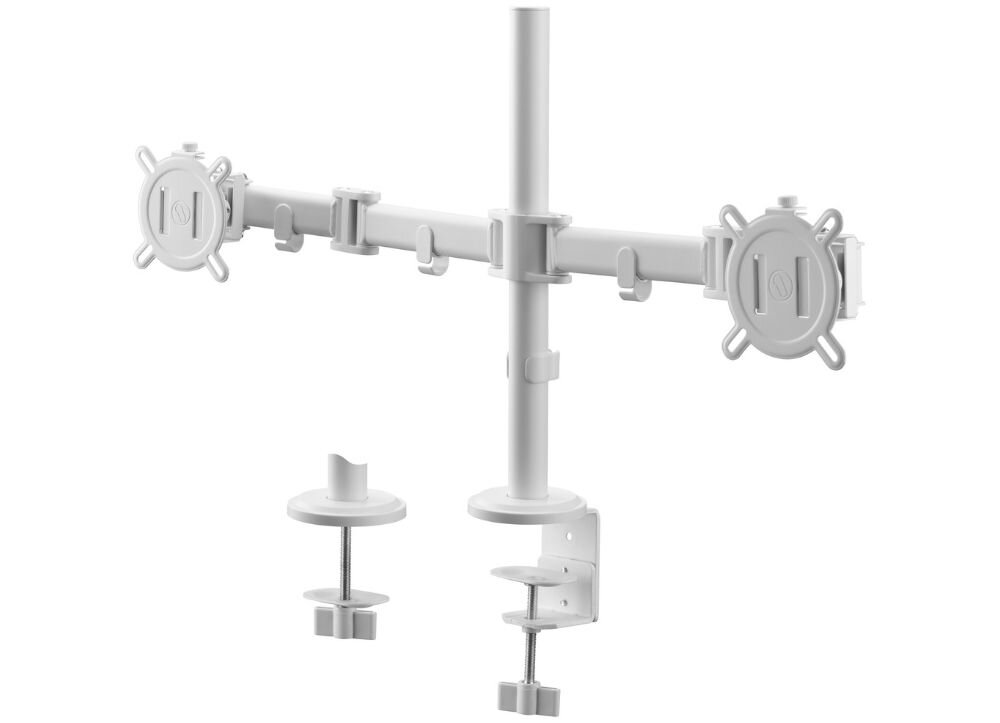 Uchwyt do monitora ONE FOR ALL DM2220 13-32 cali Biały uchwyt na białym tle z mocowaniami uchwyt do monitora, przestrzeń robocza, biuro domowe, ergonomia, wielozadaniowość
