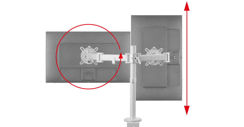 Uchwyt do monitora ONE FOR ALL DM2220 13-32 cali Biały uchwyt na białym tle z przymocowanymi monitorami strzałki ergonomia pracy, prawidłowa postawa, ramię monitora, redukcja zmęczenia