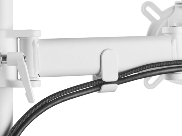 Uchwyt do monitora ONE FOR ALL DM2220 13-32 cali Biały zbliżenie na system prowadzenia przewodów ukrywanie kabli, porządek na biurku, system prowadzenia przewodów, estetyka pracy