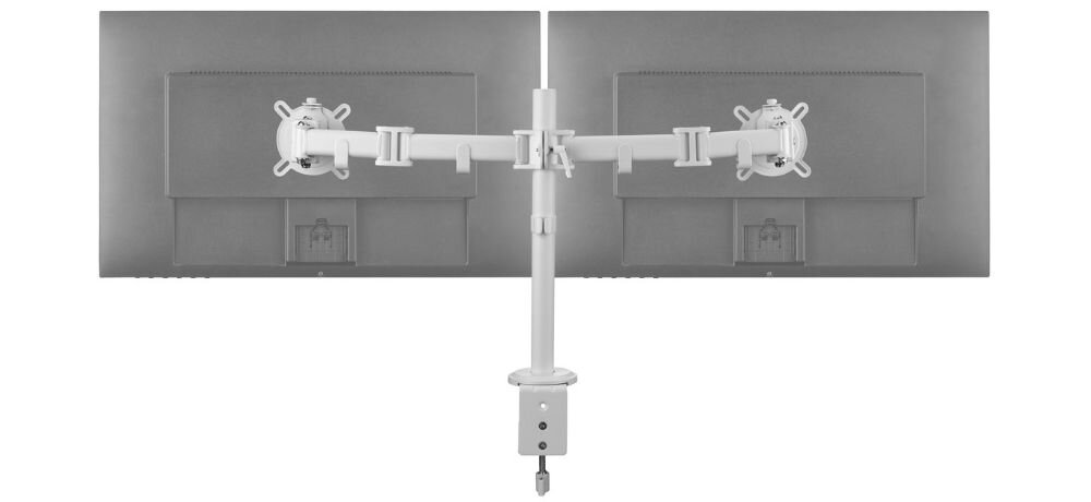 Uchwyt do monitora ONE FOR ALL DM2220 13-32 cali Biały monitory przymocowane do uchwytu na białym tle uchwyt podwójny, wolne miejsce, organizacja biurka, dwa monitory