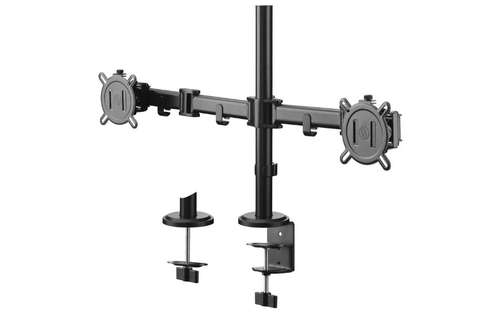 Uchwyt do monitora ONE FOR ALL DM2210 13-32 cali Czarny uchwyt na białym tle z mocowaniami uchwyt do monitora, przestrzeń robocza, biuro domowe, ergonomia, wielozadaniowość