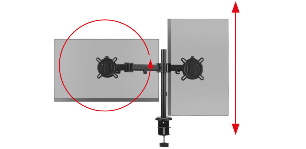 Uchwyt do monitora ONE FOR ALL DM2210 13-32 cali Czarny uchwyt na białym tle z przymocowanymi monitorami strzałki ergonomia pracy, prawidłowa postawa, ramię monitora, redukcja zmęczenia