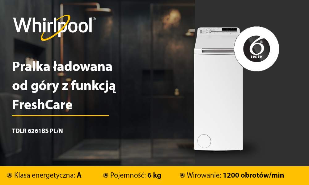 PRALKA WHIRLPOOL TDLR 6261BS wizualizacja baner top front ładowana od góry najważniejsze cechy funkcje pojemność 6 Zmysł klasa energetyczna wirowanie model marka logo