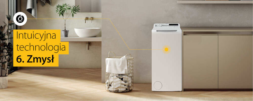 PRALKA WHIRLPOOL TDLR 6261BS wizualizacja łazienka kosz na pranie jasne wnętrze oznaczenie punkt Intuicyjna technologia 6. Zmysł automatyczne rozpoznawanie waga rodzaj czas oszczędność detergentu wygoda