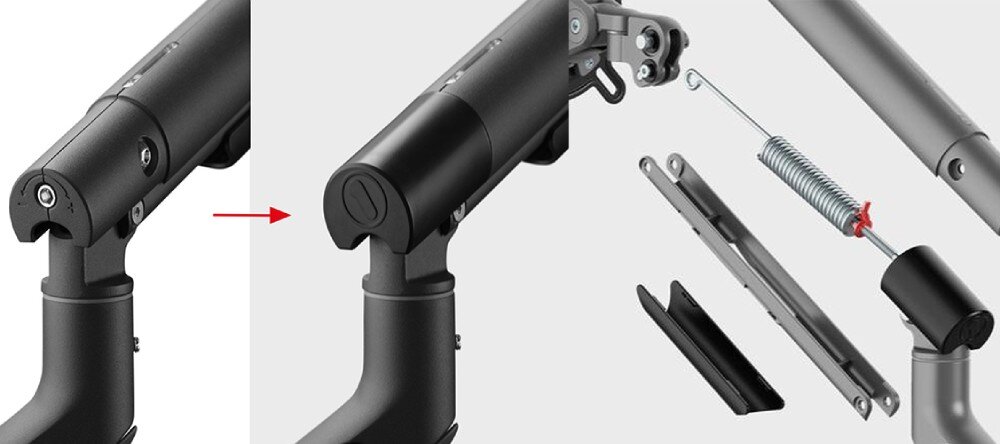 Uchwyt do monitora ONE FOR ALL DM7210 Schemat konstrukcji ramienia uchwytu pokazujący wewnętrzny mechanizm ze sprężyną po zdjęciu osłony