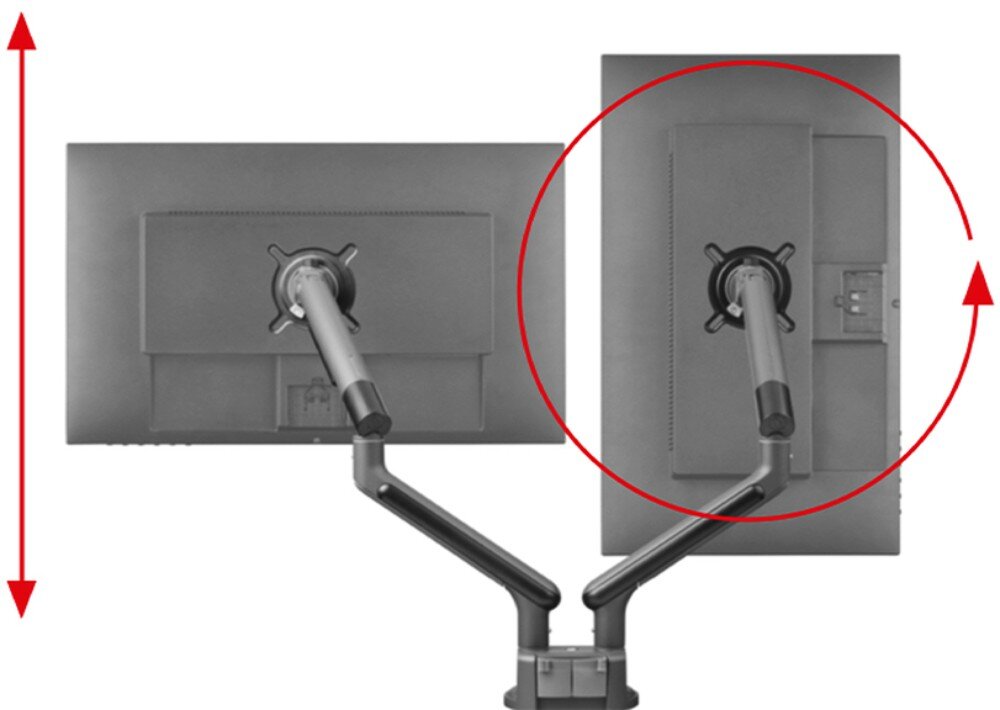 Uchwyt do monitora ONE FOR ALL DM7210 Tył dwóch monitorów na uchwycie z czerwoną strzałką pokazującą możliwość obrotu ekranu z pozycji poziomej do pionowej