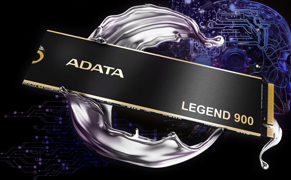 Komputer MAD DOG DIAXID605-W-I03DR32 Czarny dysk SSD M.2 ADATA Legend 900 z eleganckim złotym napisem i futurystycznym tłem.