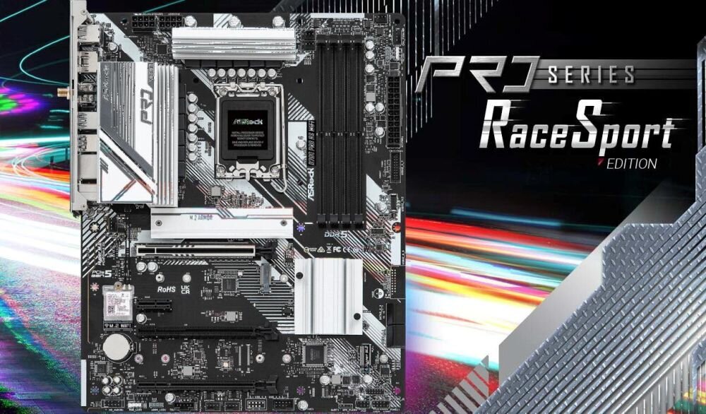 Komputer MAD DOG DIAXID605-W-I03DR32WH Płyta główna ASRock w czarno-srebrnej stylistyce z oznaczeniem PRS RaceSport Edition i dynamicznym tłem.