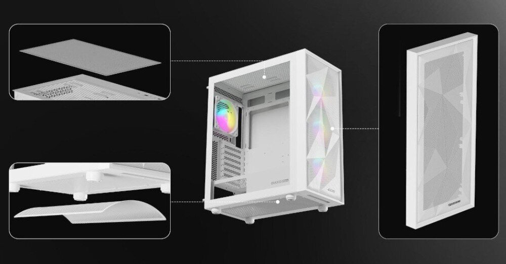 Komputer MAD DOG DIAXID605-W-I03DR32WP Schemat przedstawiający białą obudowę komputerową Genesis z oddzielonymi panelami filtrów i wentylacji.