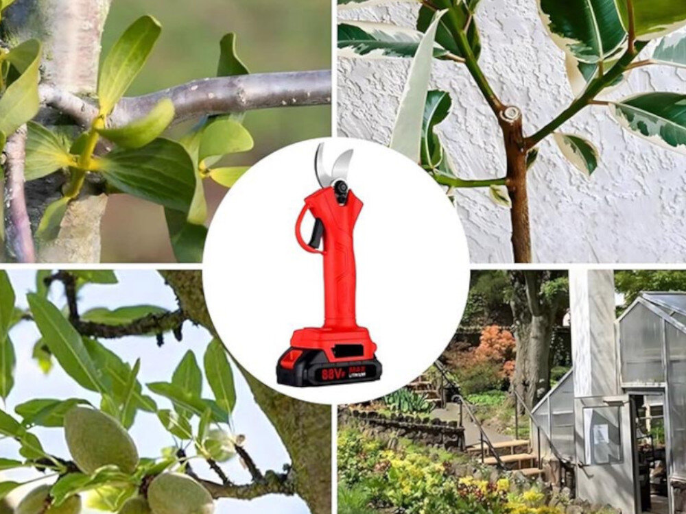 Obraz przedstawia czerwony akumulatorowy sekator do gałęzi na tle różnych scen ogrodowych, w tym gałęzi drzew i szklarni. Na sekatorze widoczny jest napis \'88V\'.