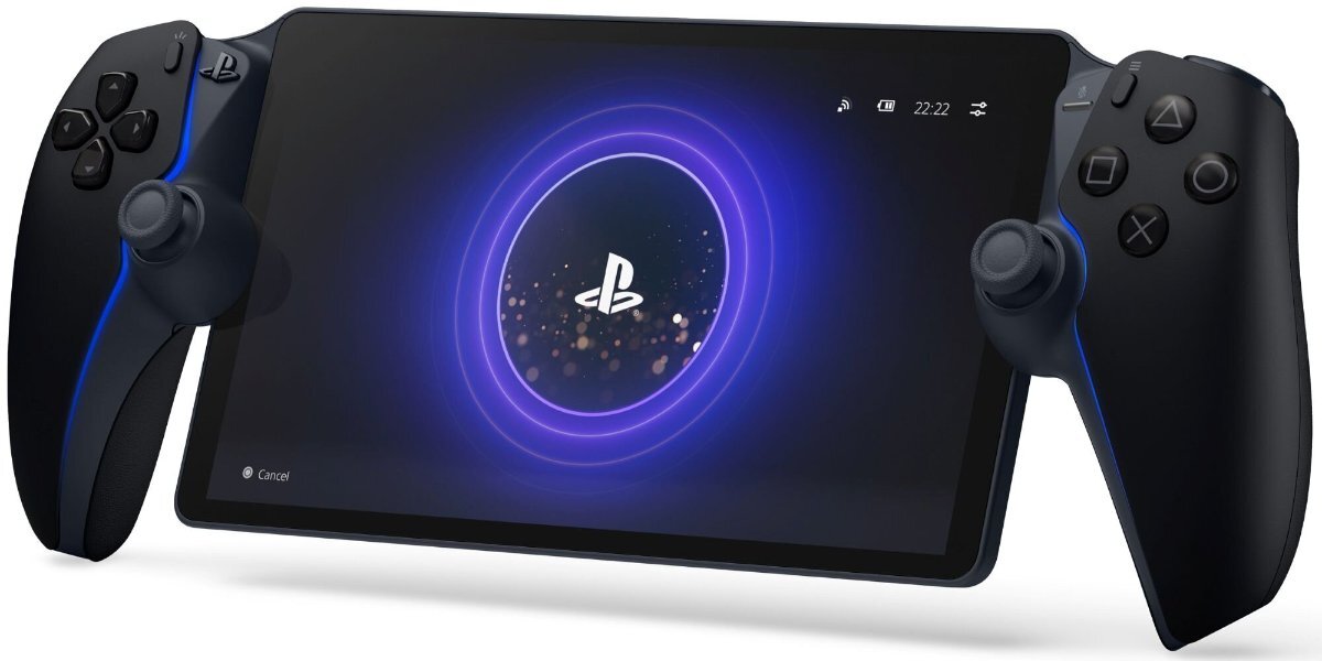 Czarna konsola Playstation Portal na białym tle, na ekranie konsoli widoczne jest logo Playstation.