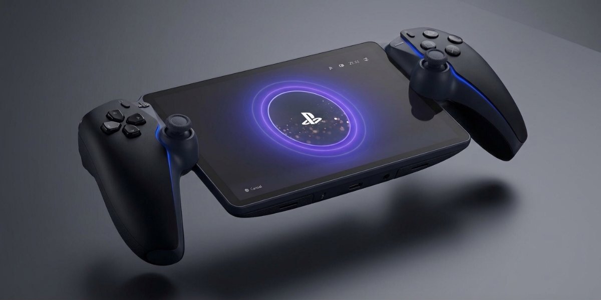 Konsola przenośna Playstation Portal na szarym tle.
