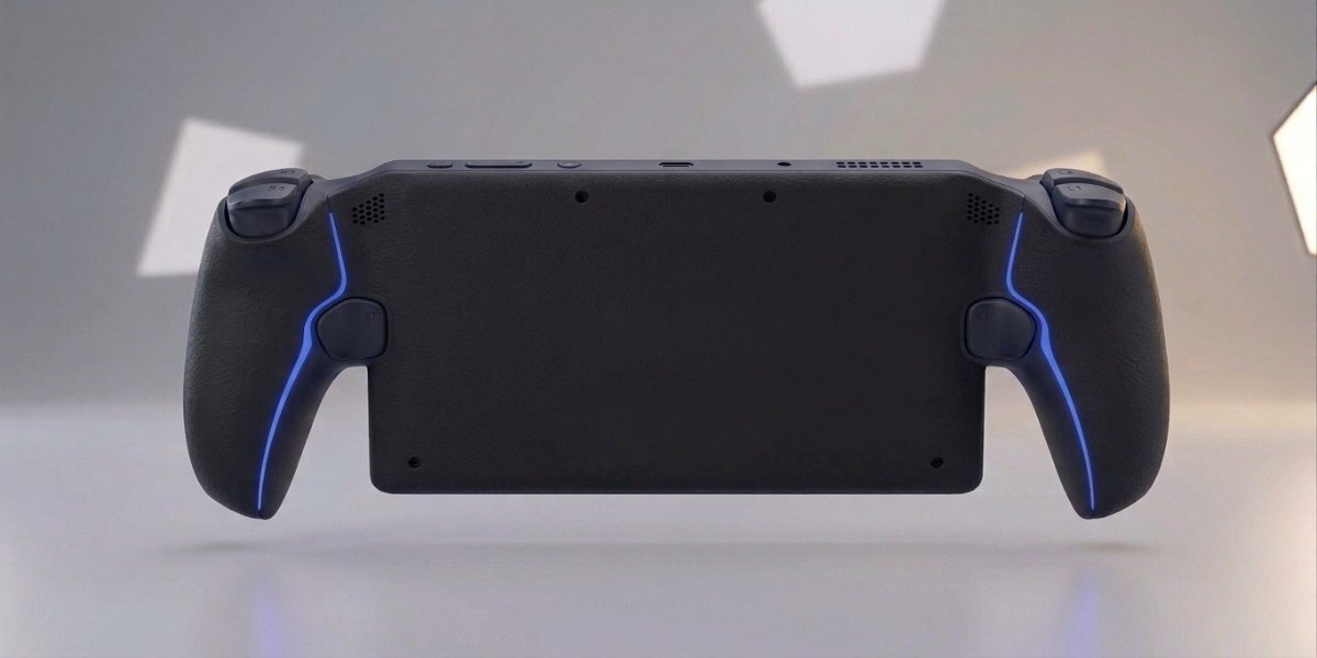 Tył czarnej konsoli Playstation Portal na jasnym tle.