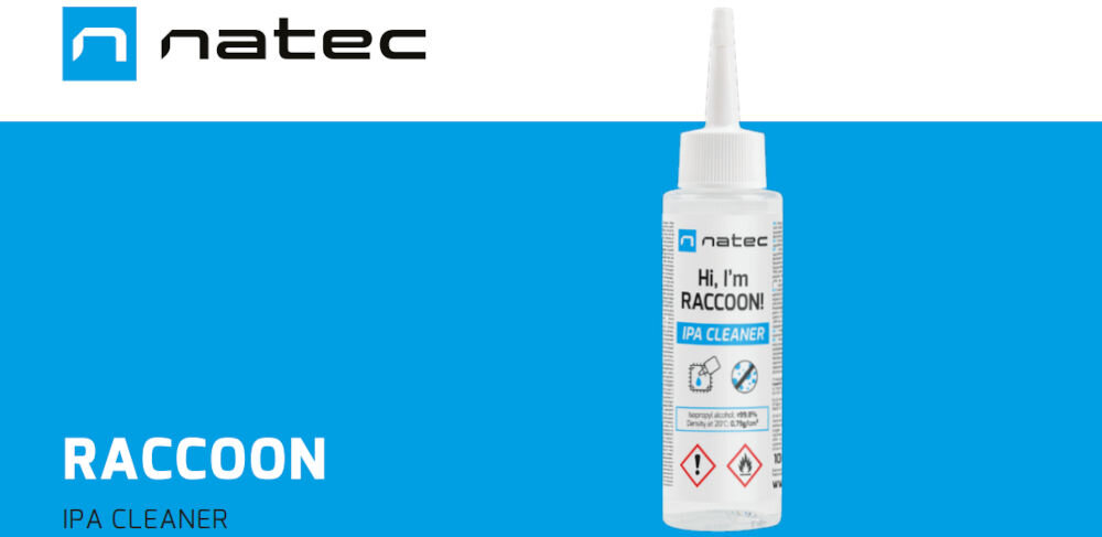 NATEC Raccoon Ipa Cleaner Alkohol izopropylowy 100 ml
skuteczne odtłuszczanie, szare tło, logo producenta, nazwa produtku, produkt w dłoni