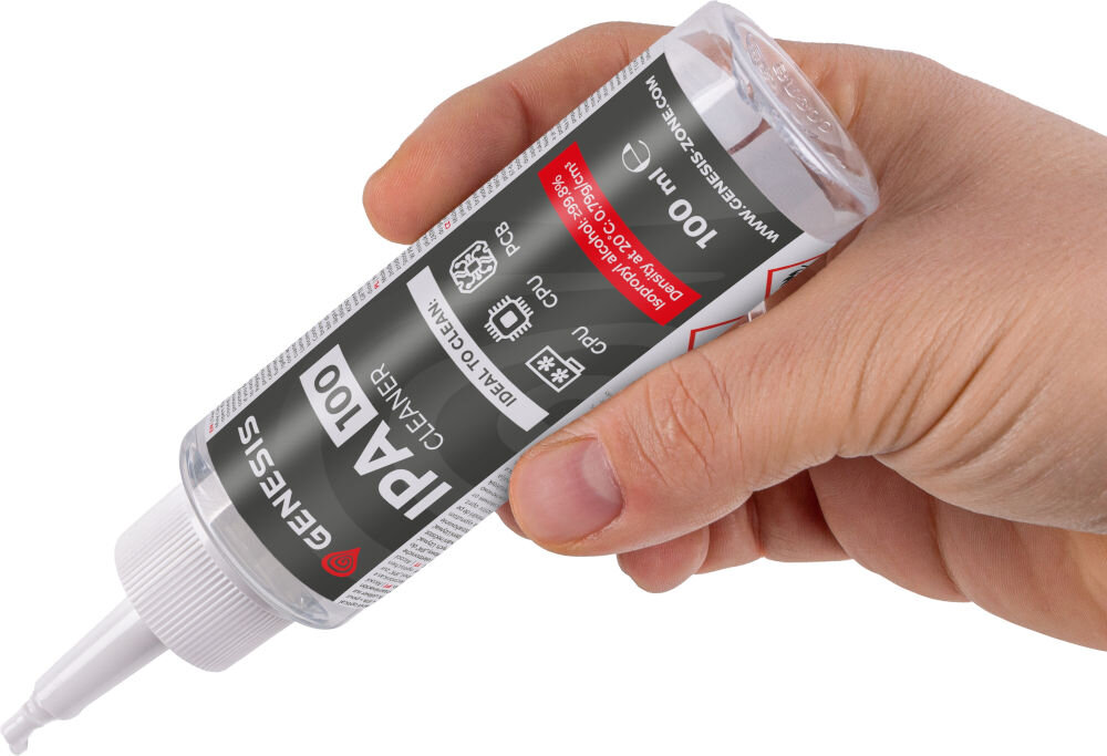 Płyn do odtłuszczania NATEC Genesis Ipa 100 Cleaner Alkohol izopropylowy 100 ml
zastosowanie, oczyszczanie płytek PCB i procesorów, usuwanie pasty termoprzewodzącej z układów scalonych,
konserwacja czytników optycznych i głowic audio / wideo, eliminacja smarów i wodoodpornych tłuszczy,
produkt w dłoni na białym tle