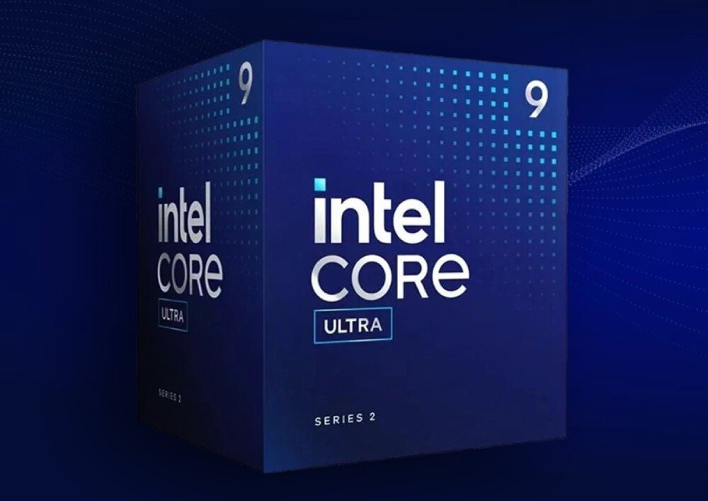 Procesor INTEL Core Ultra 9-285 Granatowe pudełko z logo 'intel core ultra' i oznaczeniem serii 2 na tle w odcieniach niebieskiego, opis