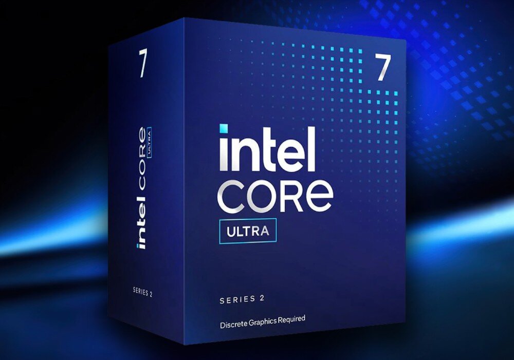Procesor INTEL Core Ultra 7-265F Granatowe pudełko z logo 'intel core ultra' i oznaczeniem serii 2 na tle w odcieniach niebieskiego, opis