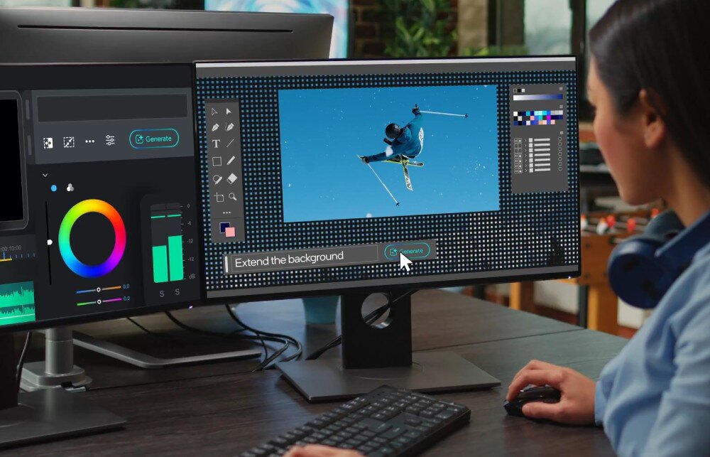 Procesor INTEL Core Ultra 7-265F Osoba siedząca przed monitorem z otwartym programem graficznym i zdjęciem skoczka narciarskiego w trakcie obróbki, sztuczna inteligencja, AI Boost