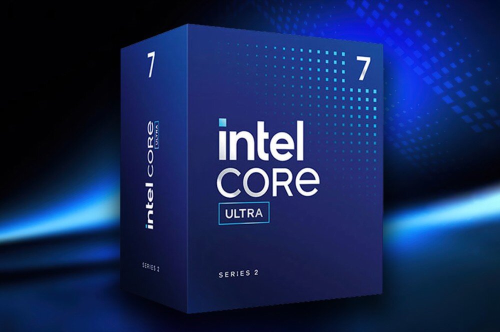 Procesor INTEL Core Ultra 7-265 Granatowe pudełko z logo 'intel core ultra' i oznaczeniem serii 2 na tle w odcieniach niebieskiego, opis