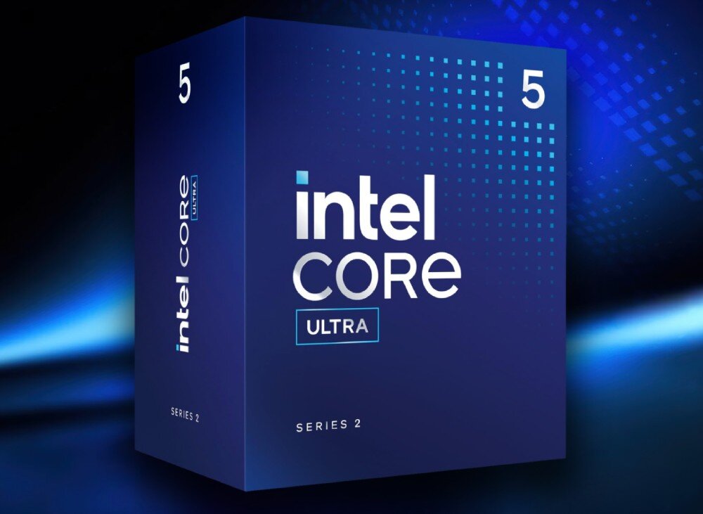 Procesor INTEL Core Ultra 5-225 Granatowe pudełko z logo 'intel core ultra' i oznaczeniem serii 2 na tle w odcieniach niebieskiego, opis